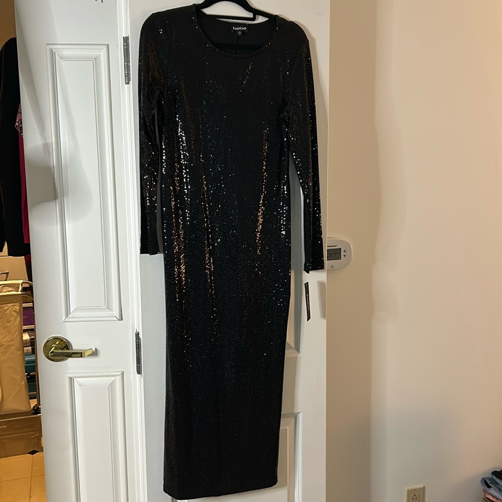 BEBE Jet Black after five Shimmering Dress NWT 
Size LARGE